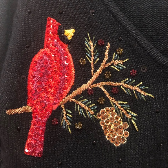 Vintage Tiara Embroidered Sequin Cardinal Black Zip Up Cardigan Size PS - Picture 3 of 9